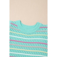 Green Colorful Striped Eyelet Knit Ruffled Sleeve Sweater T Shirt - S thumbnail
