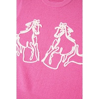 Bright Pink Western Horse Embroidered Round Neck Sweater Tee - S thumbnail