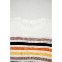 White Striped Pocketed Loose Fit Crewneck Knitted T Shirt - M thumbnail