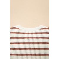 Khaki Stripe Scalloped Round Neck Short Sleeve Sweater - L thumbnail