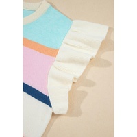 Multicolour Striped Color Block Flutter Sleeve Patchwork Sweater Top - S thumbnail