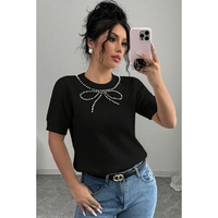 Black Pearl Bow Necklace Embellished Short Sleeve Knitted T Shirt - M thumbnail