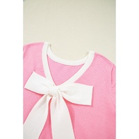 Bonbon Colorblock Bow V-Shape Cut Back Short Sleeve Sweater - L thumbnail