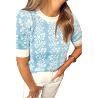 Sky Blue Contrast Floral Crewneck Short Sleeve Sweater - L thumbnail