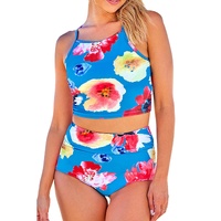 Blue Floral Print Spaghetti Straps Tankini Set - XL thumbnail