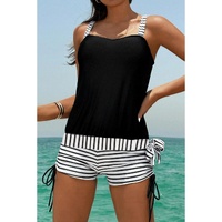 Black Striped Patchwork Side Drawstring Bottoms Tankini Set - S thumbnail