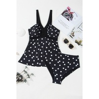 Black Polka Dot Print V Neck Tankini Set - M thumbnail