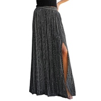 Black Printed Striped Printed Slit Wide Leg High Waist Pants - L thumbnail