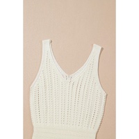 White Eyelet Crochet Sleeveless V Neck Beach Dress - M thumbnail