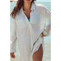 White Stripe Collared V Neck Chest Pocket Long Sleeve Beach Cover up - M thumbnail