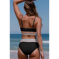 Black Striped Patchwork Spaghetti Strap High Waist Bikini Swimsuit - L thumbnail