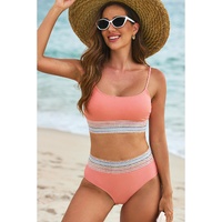 Peach Blossom Striped Patchwork Spaghetti Strap High Waist Bikini Swimsuit - M thumbnail