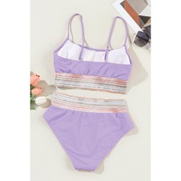 Orchid Petal Striped Patchwork Spaghetti Strap High Waist Bikini Swimsuit - M thumbnail