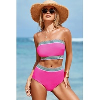 Rose Red Contrast Banding Tube Bikini High Waist 2pcs Swimsuit - M thumbnail