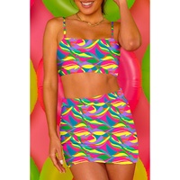 Multicolour Abstract Print Textured Spaghetti Strap High Waist Bikini Set - L thumbnail