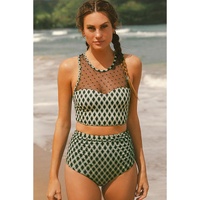 Green Dotted Mesh Plaid Patchwork High Waisted Bikini - S thumbnail