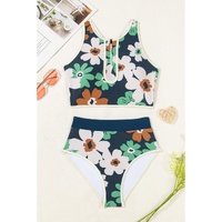 Blue Flower Zip up Racerback High Waisted Bikini - L thumbnail