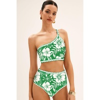 Green Floral Print One Shoulder High Waist Bikini Set - XL thumbnail