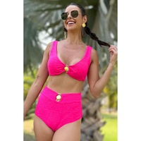 Rose Red Gold Shell Decor Wire-free Knotted 2pcs Bikini Swimsuit - L thumbnail