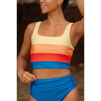 Blue Colorblock Square Neck Top Pleated High Waisted Bikini - 2XL thumbnail