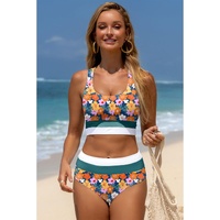 Green Floral Print Racerback Cutout High Waist 2pcs Bikini - L thumbnail