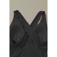 Black Deep V Neck Crossover Backless Ruched High Cut Monokini - M thumbnail