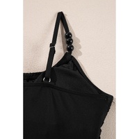Black Beaded Spaghetti Straps Ruched Overlapped Colorblock One Piece Swimsuit - S thumbnail