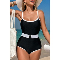 Black Contrast Trim Two Tone Belted One Piece Swimsuit - XL thumbnail