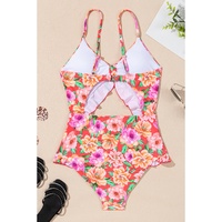 Red Floral Ruffle Trim Cutout Knotted One Piece Swimsuit - XL thumbnail