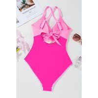 Rose Red Ric Rac Trim Contrasted Patchwork Cutout One Piece Swimsuit - M thumbnail
