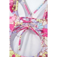 Pink Floral Ruffle Trim V Neck Lace-up Back Tummy Control One Piece Swimsuit - XL thumbnail
