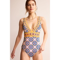 Yellow Floral Print V Neck One Piece Swimsuit - S thumbnail