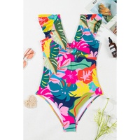 Green Tropical Print V Neck Tied Backless One Piece Swimsuit - S thumbnail