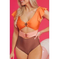 Orange Ruffle Sleeve Tricolor Cutout Front Ring One Piece Swimsuit - L thumbnail