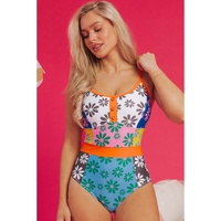 Orange Floral Colorblock Buttoned Decor Front Spaghetti Straps Teddy Swimsuit - L thumbnail