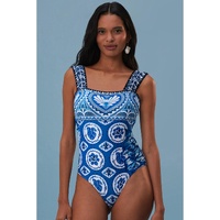 Blue Tile Pattern Ricrac Wide Straps Sheath One Piece Swimsuit - M thumbnail