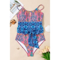 Blue Geometric Print Hollow Out Knotted Waist One Piece Swimsuit - L thumbnail