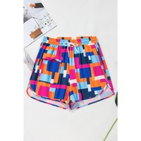Rose Geometric Printed Drawstring Waist Beach Shorts with Pockets - L thumbnail