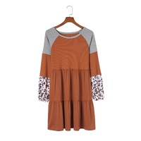 Brown Waffle Knit Leopard Patchwork Long Sleeve Dress - S thumbnail