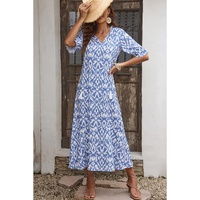 Azura Exchange Sky Blue V Neck Casual Geometric Print Maxi Dress - S thumbnail