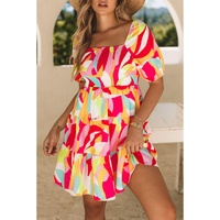 Multicolor Geometric Print Smocked Babydoll Mini Dress - S thumbnail