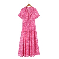 Pink Paisley Print Boho Holiday Ruffle Tiered Maxi Dress - L thumbnail