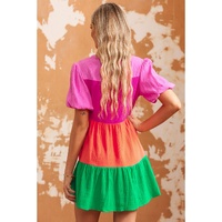 Multicolor Color Block Tiered Puff Sleeve Dress - S thumbnail