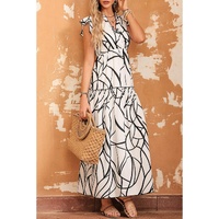 White Abstract Vein Print V Neck Ruffle Maxi Dress - XL thumbnail