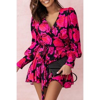 Rose Floral Print V Neck Wrap Bishop Sleeve Ruffle Tiered Mini Dress - M thumbnail