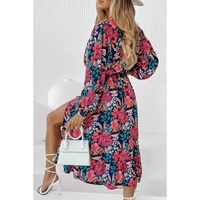 Azura Exchange Red V Neck Elastic High Waist Split Floral Dress - S thumbnail