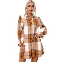 Khaki Plaid Pattern Collared Neck Ruffled Sleeve Shirt Dress - S thumbnail