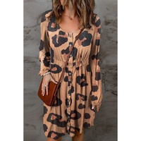 Leopard Print Button Front Bubble Sleeve Loose Knit Dress - M thumbnail