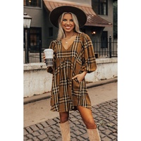 Brown Plaid Pattern Empire Waist Babydoll Dress - XL thumbnail