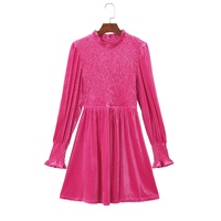 Rose Frilled Neck Smocked Bodice Velvet Dress - L thumbnail